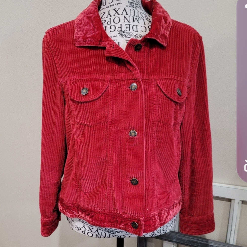 J. Jill Women's SZ SP Red jacket wide wale Corduroy w/velvet trim trucker style